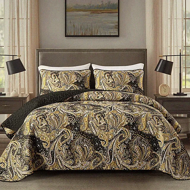 Black Paisley Quilt Set King Black and Gold Boho Bedspread Coverlet Set 3 Pie...