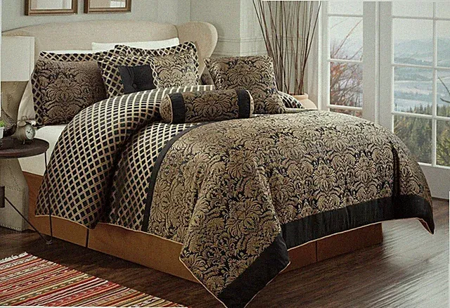 Chezmoi Collection 7-Piece Black Gold Jacquard Woven Floral Comforter Set