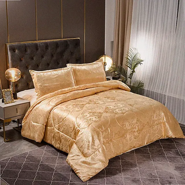 Gold Silk Bed Set Queen Size Luxury Comforter All Season Lightweight Quilt 3PC