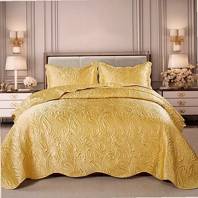 HST Quilted Satin 3 Piece Bedspread Coverlet Cover Set Paisley Design Luxury