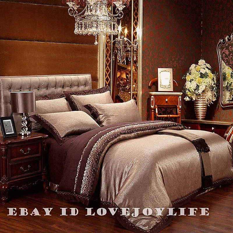 Sliver Gold Luxury Silk Satin Jacquard Duvet Cover Bedding Set Embroidery Set