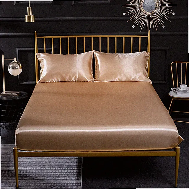 Solid Satin Silk Bed Fitted Sheet Smooth Mattress Pad Cover Twin Full Queen King